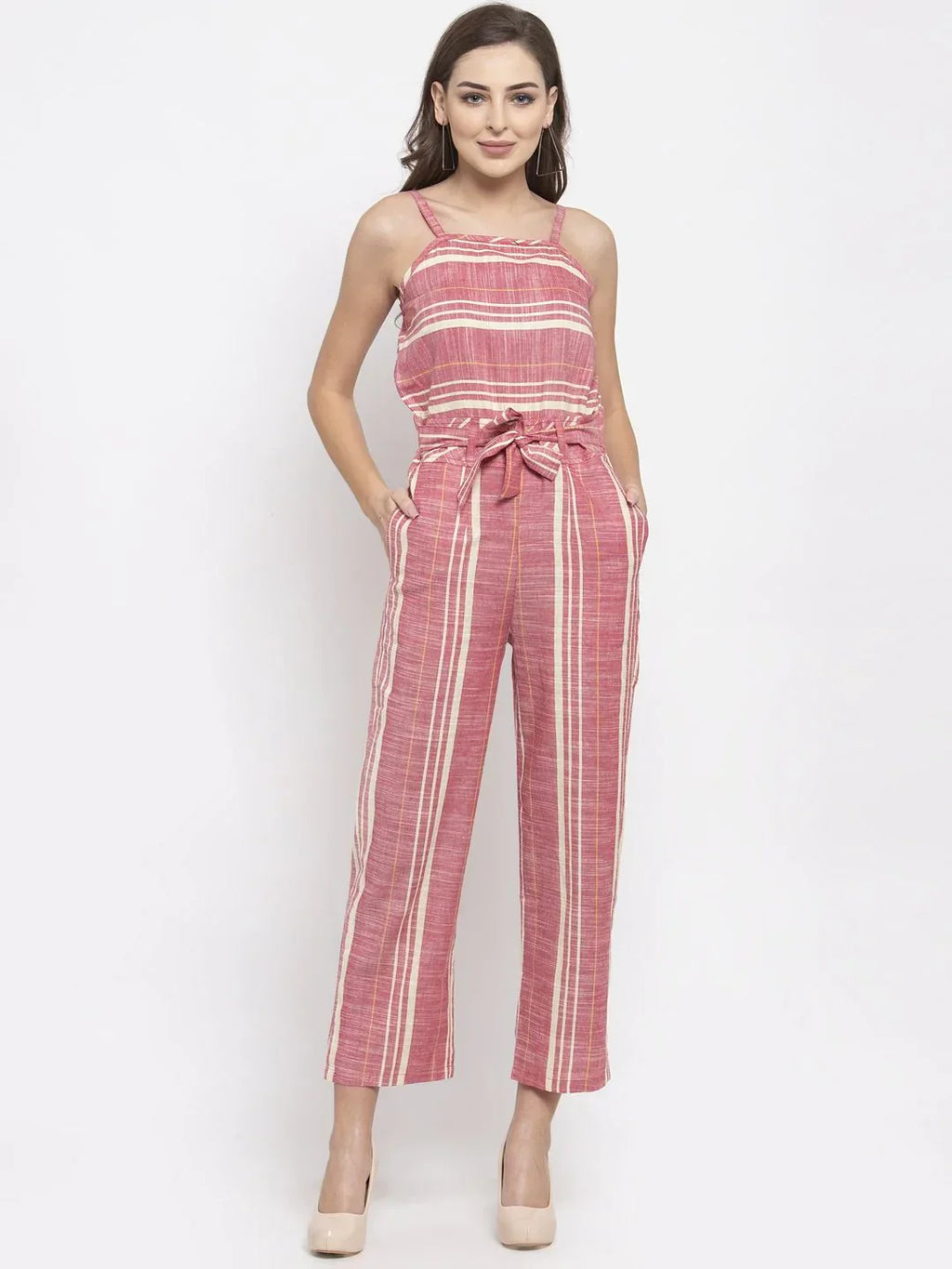 Jompers Women's Red & Off-White Striped Basic Jumpsuit
