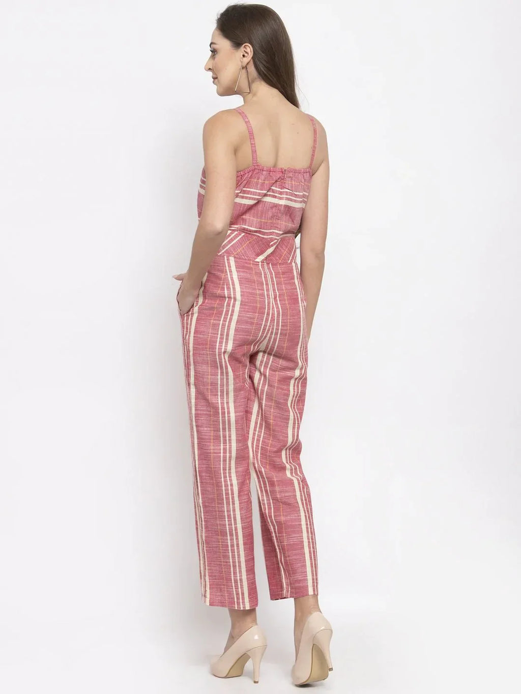 Jompers Women's Red & Off-White Striped Basic Jumpsuit