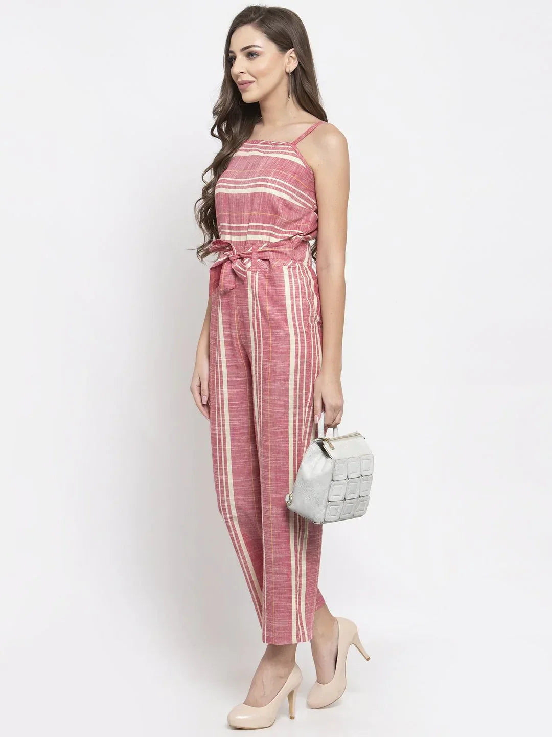 Jompers Women's Red & Off-White Striped Basic Jumpsuit