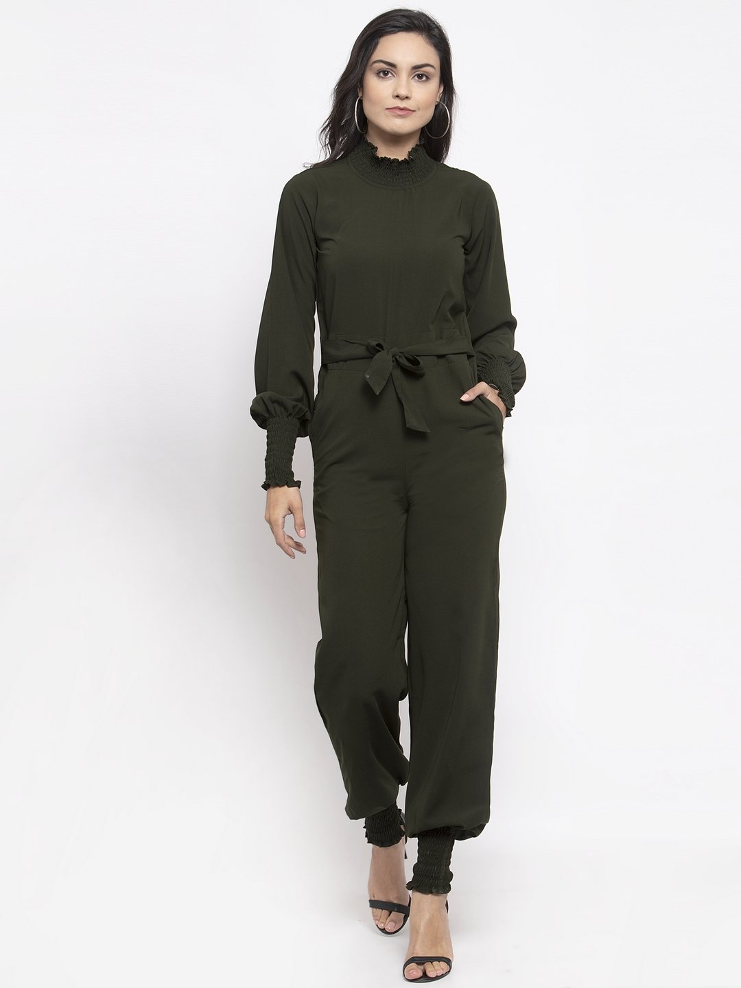 Jompers Women Olive Green Solid Basic Jumpsuit