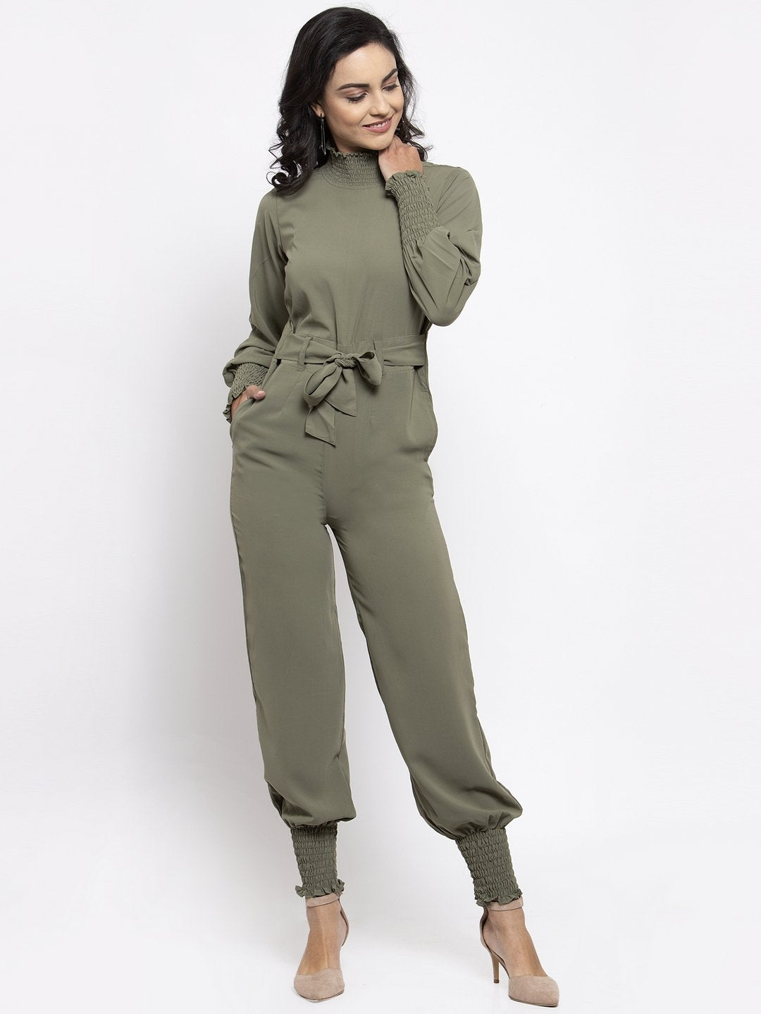 Jompers Women Pista Green Solid Basic Jumpsuit
