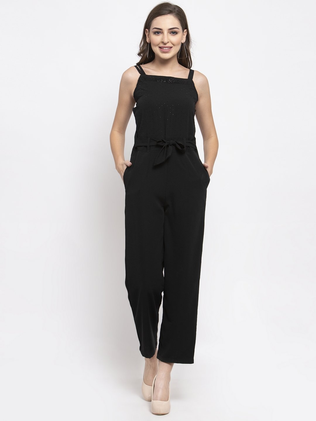 Jompers Women Black Solid Embellished Jumpsuit