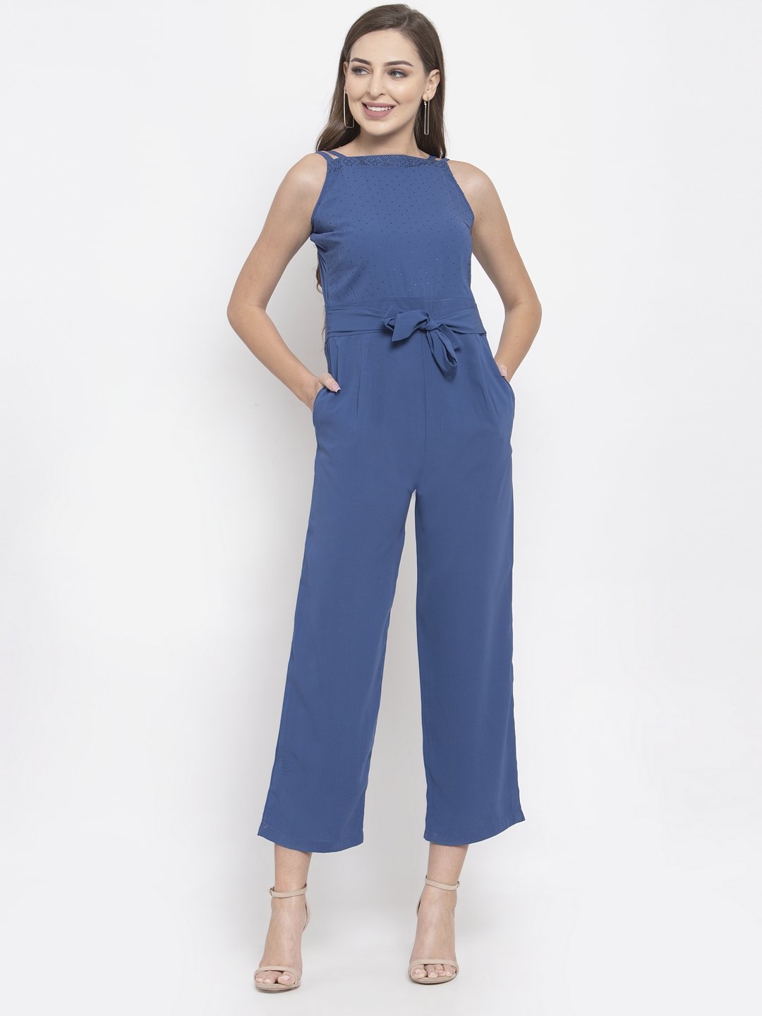 Jompers Women Blue Solid Embellished Jumpsuit