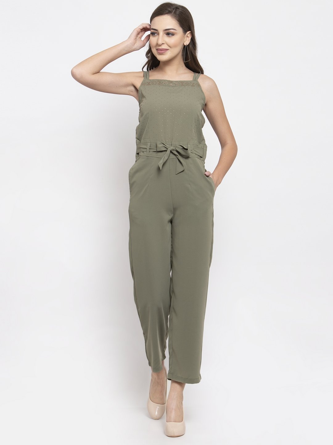 Jompers Women Green Solid Embellished Jumpsuit
