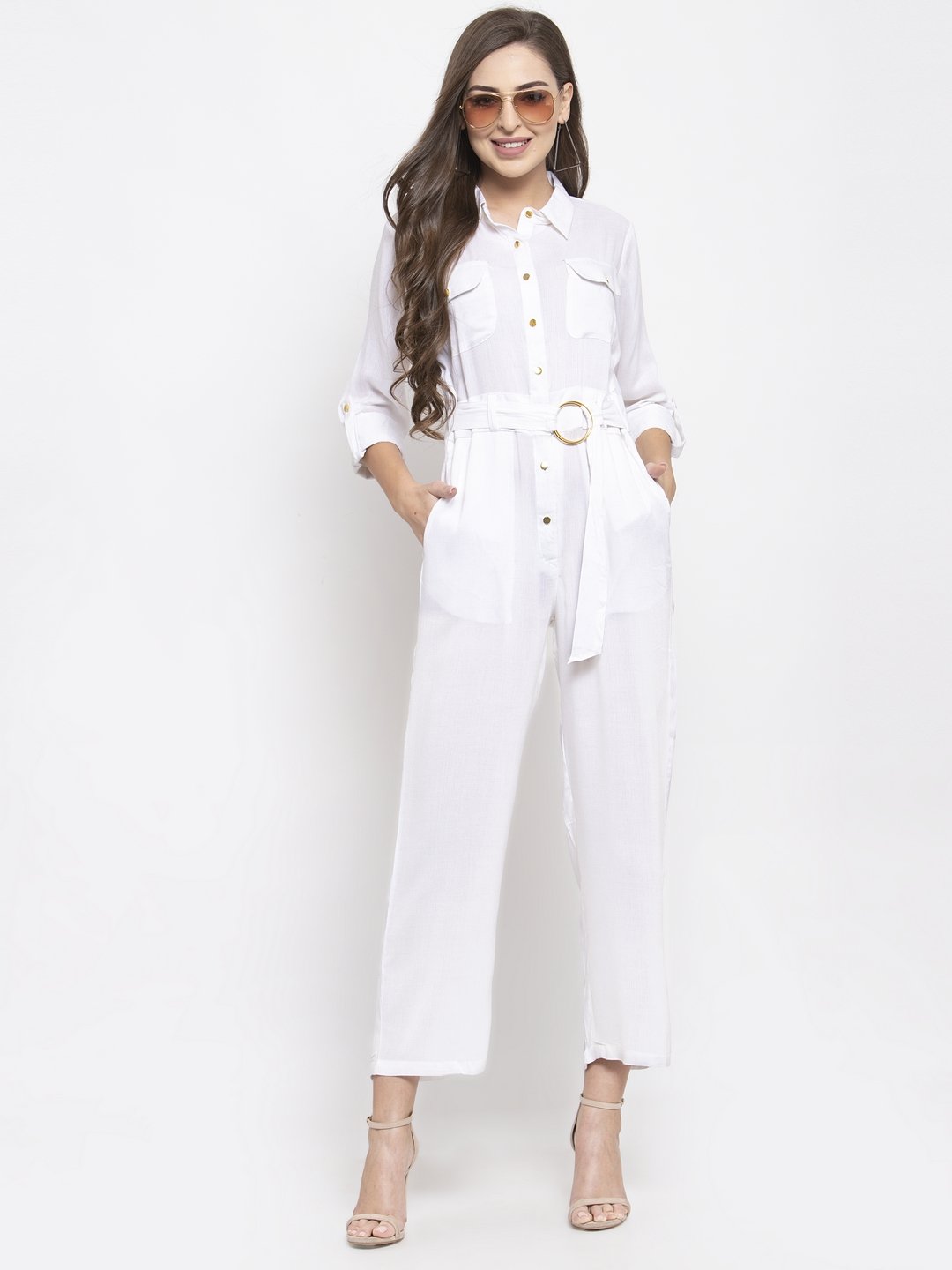Jompers Women White Solid Jumpsuit