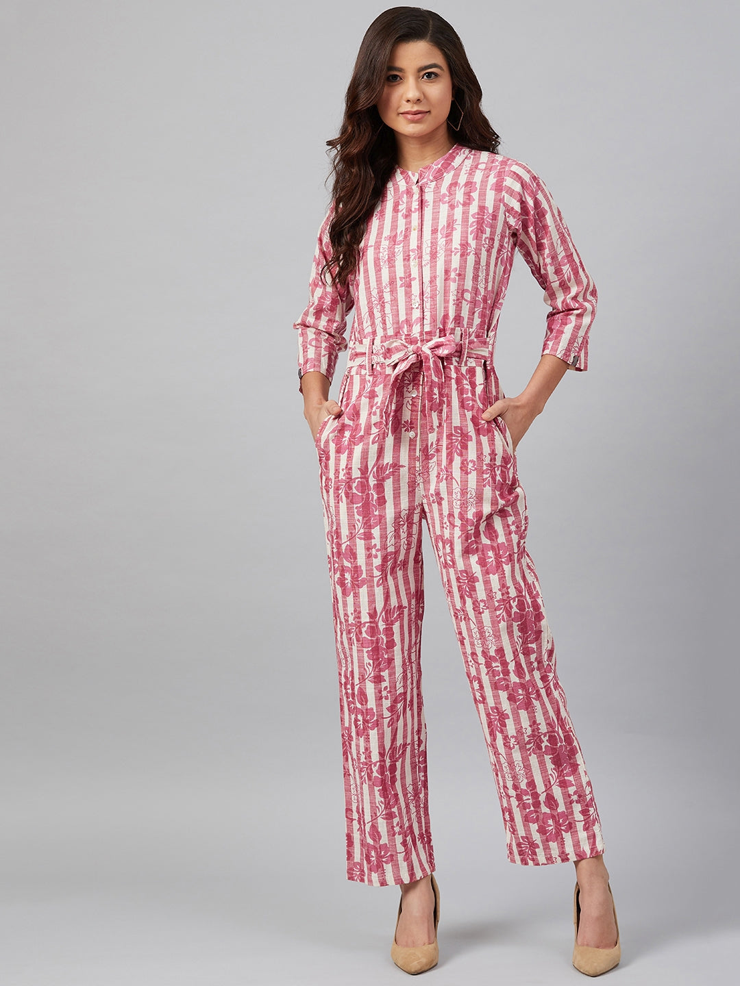 Jompers Women Off-White & Pink Striped Mandarin Collar Basic Jumpsuit