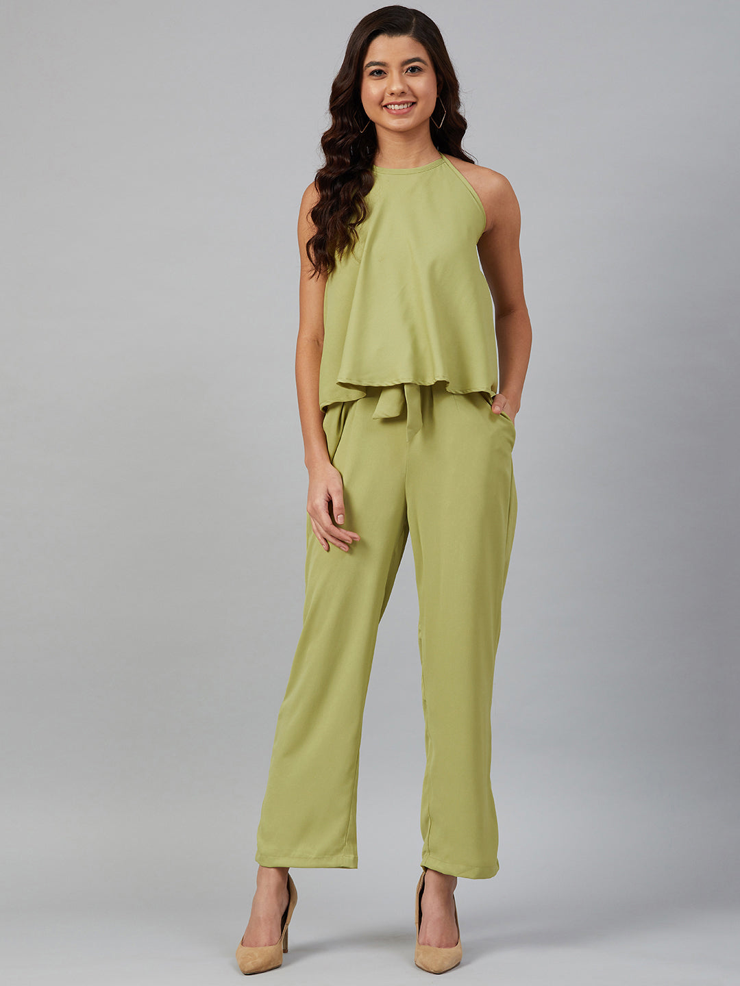 Jompers Women Green-Coloured Solid Halter Neck Basic Jumpsuit