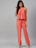 Jompers Women Peach-Coloured Solid Halter Neck Basic Jumpsuit