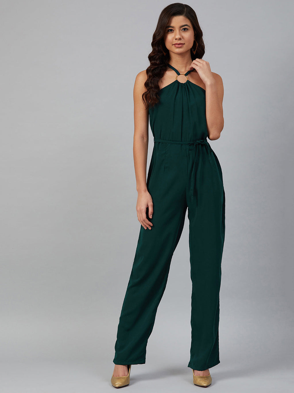 Jompers Women Green Solid Basic Halter Neck Basic Jumpsuit