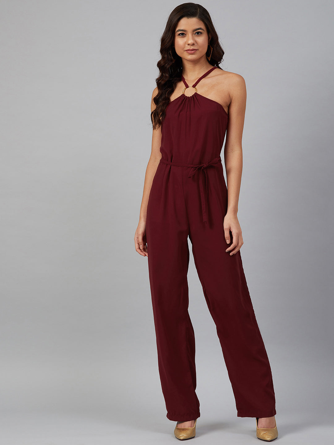 Jompers Women Maroon Solid Basic Halter Neck Basic Jumpsuit