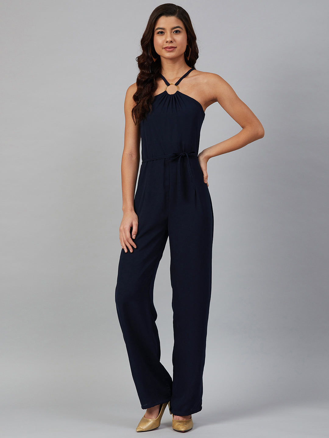 Jompers Women Navy Blue Solid Basic Halter Neck Basic Jumpsuit