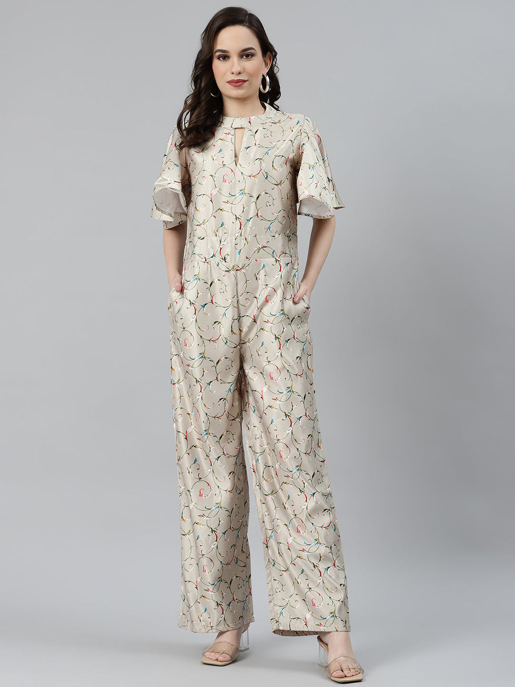 Jompers Women Lime Green & Off-White Printed Keyhole Neck Flared Sleeves Basic Jumpsuit