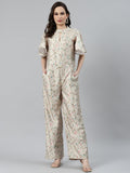 Jompers Women Lime Green & Off-White Printed Keyhole Neck Flared Sleeves Basic Jumpsuit