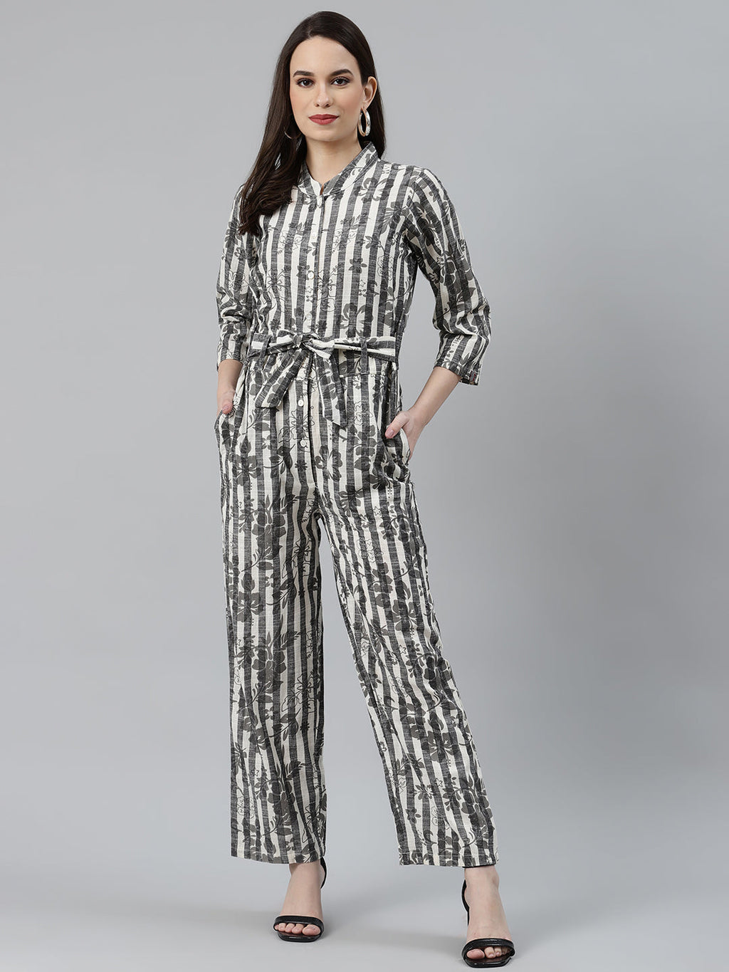 Jompers Women Off-White & Grey Striped Mandarin Collar Basic Jumpsuit