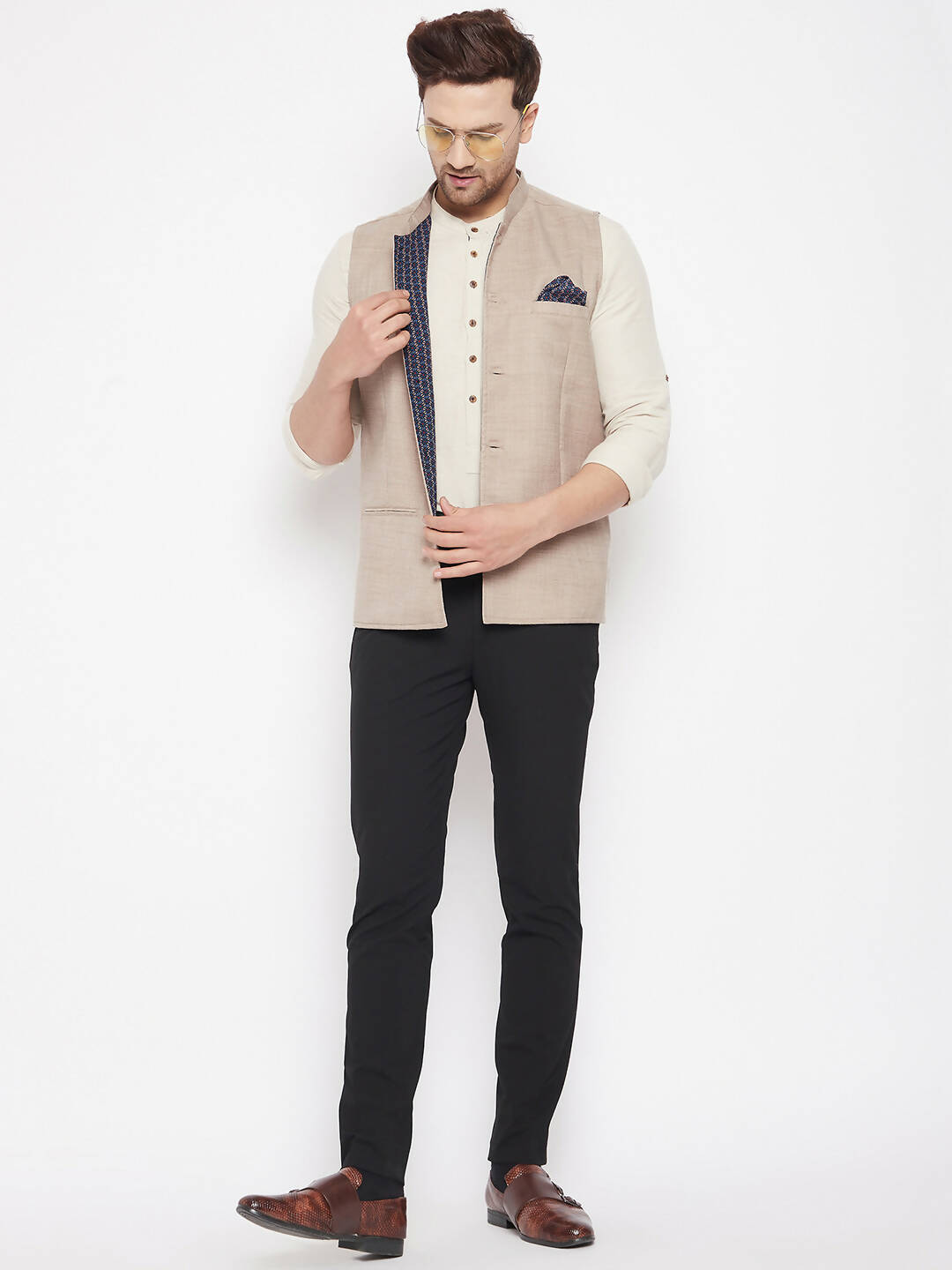 Even Apparels Cream Linen Men's Nehru Jacket-Contrast Lining-Inbuilt Pocket Square