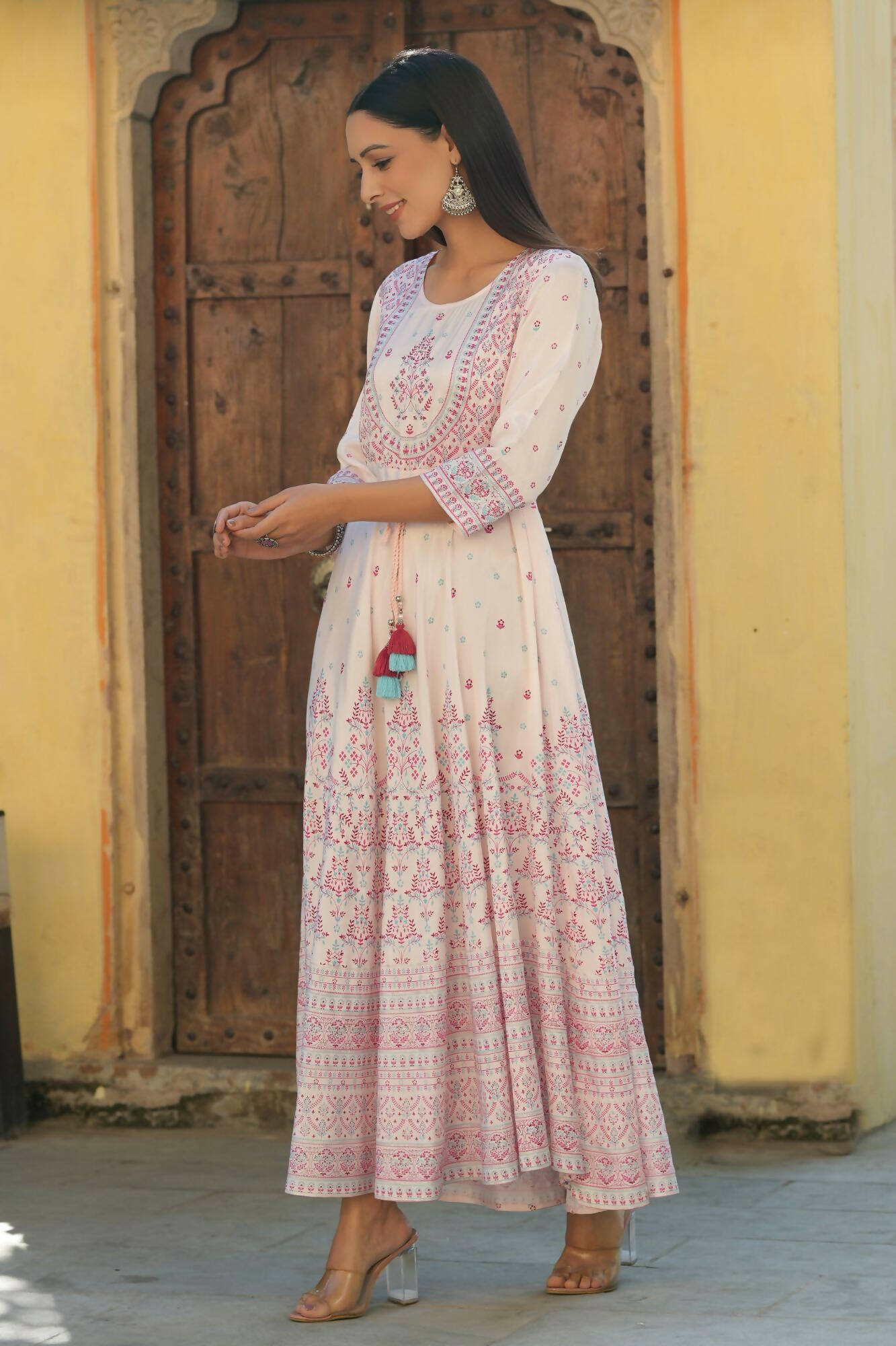 Juniper Women's Pink Viscose Shantoon Festive Printed Flared Dress
