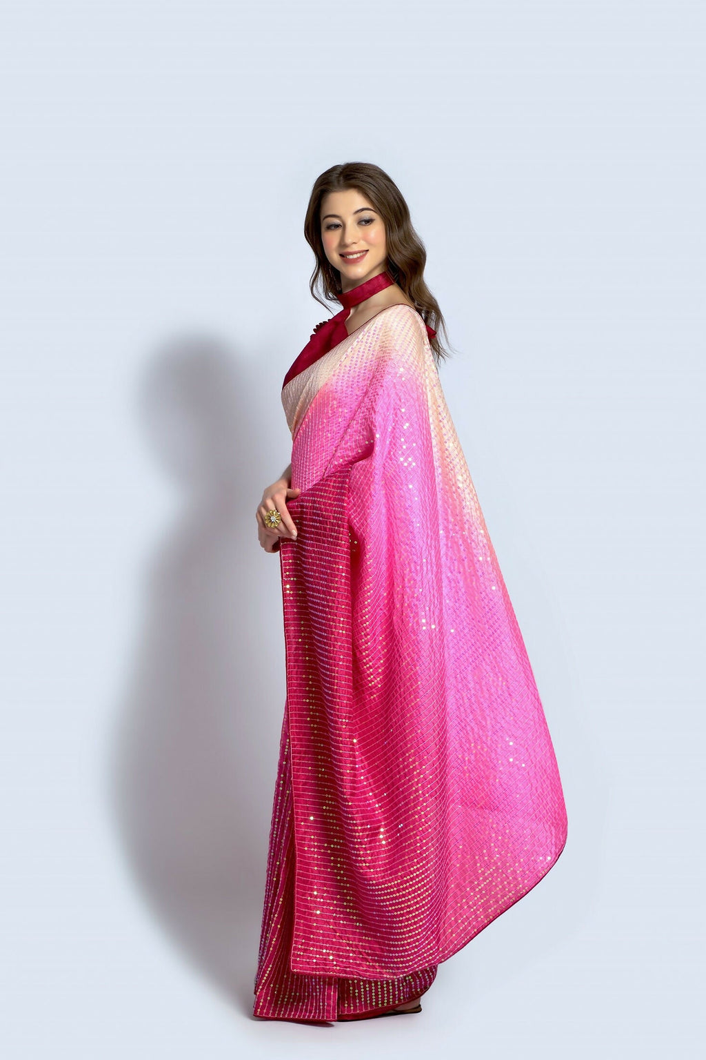 Vegaa Fashion Pink Vichitra Silk Embroidered Party Wear Saree