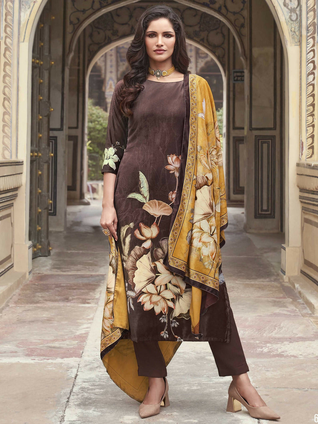 Jyoti Fashion Women's Brown Velvet Floral Digital Printed Kurta with Trouser & Dupatta