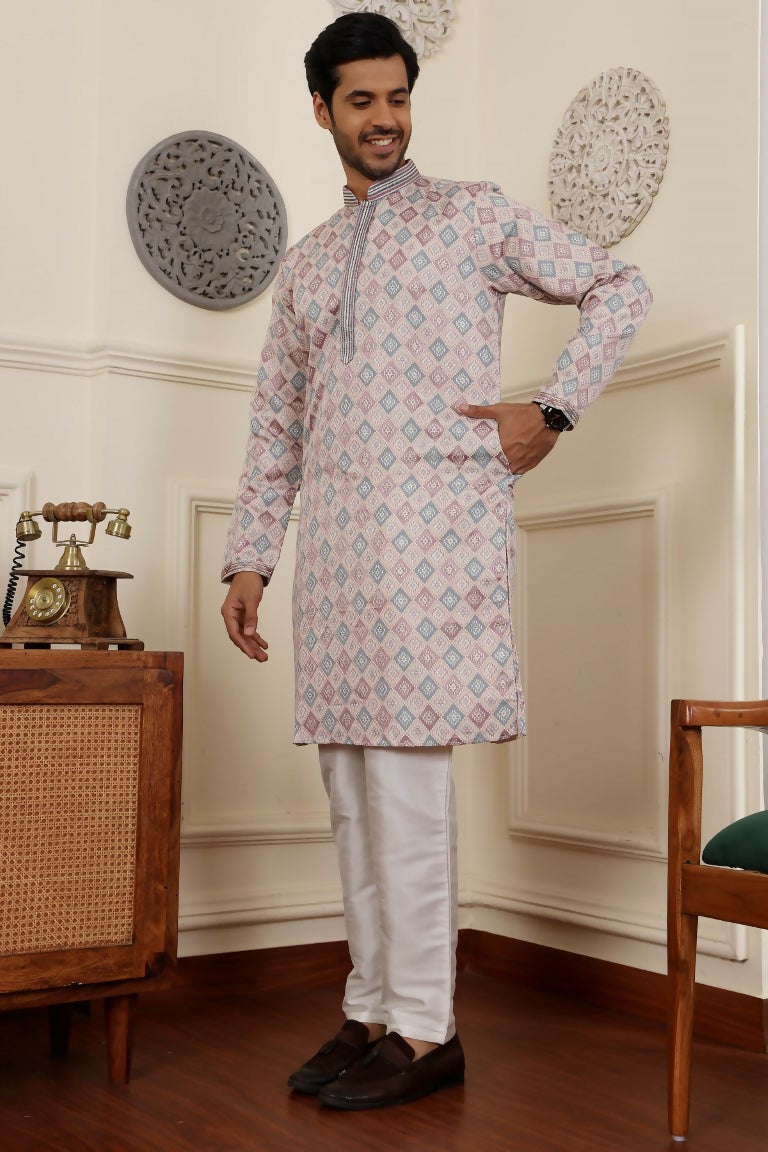 Cream Viscose Woven Jacquard Work Men's Rajwadi Kurta Set - Mahotsav