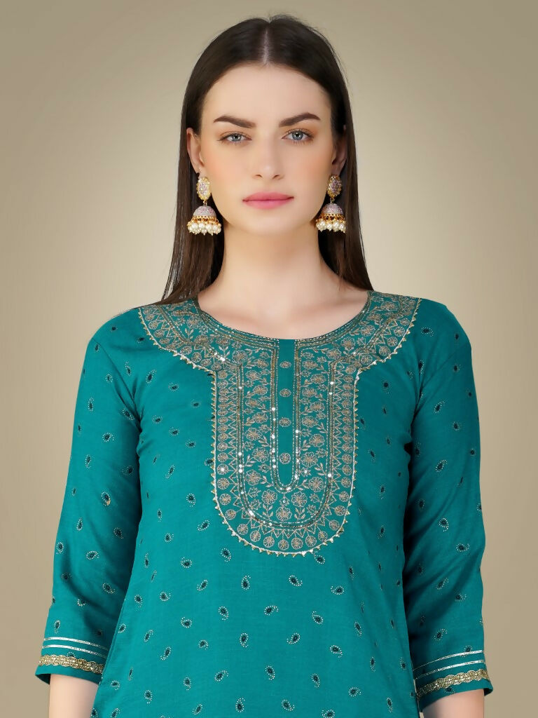 Jyoti Fashion Women's Rama Cotton Magic Slub Embroidery & Sequence work Kurta with Trouser & Dupatta