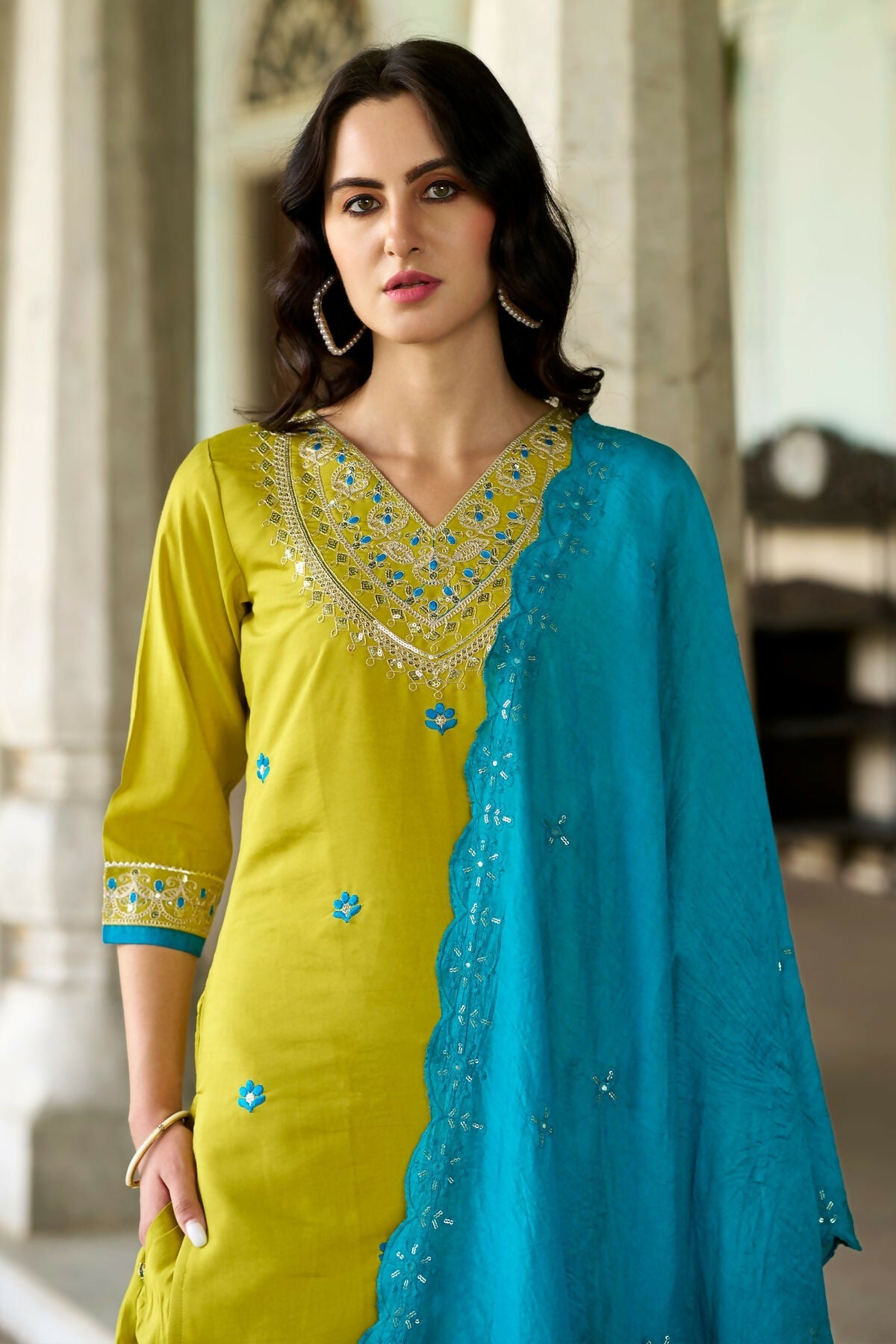 The52 Lemon Beautiful Embroidered Viscose Chanderi Fabric Straight Kurta Pant with Dupatta Set