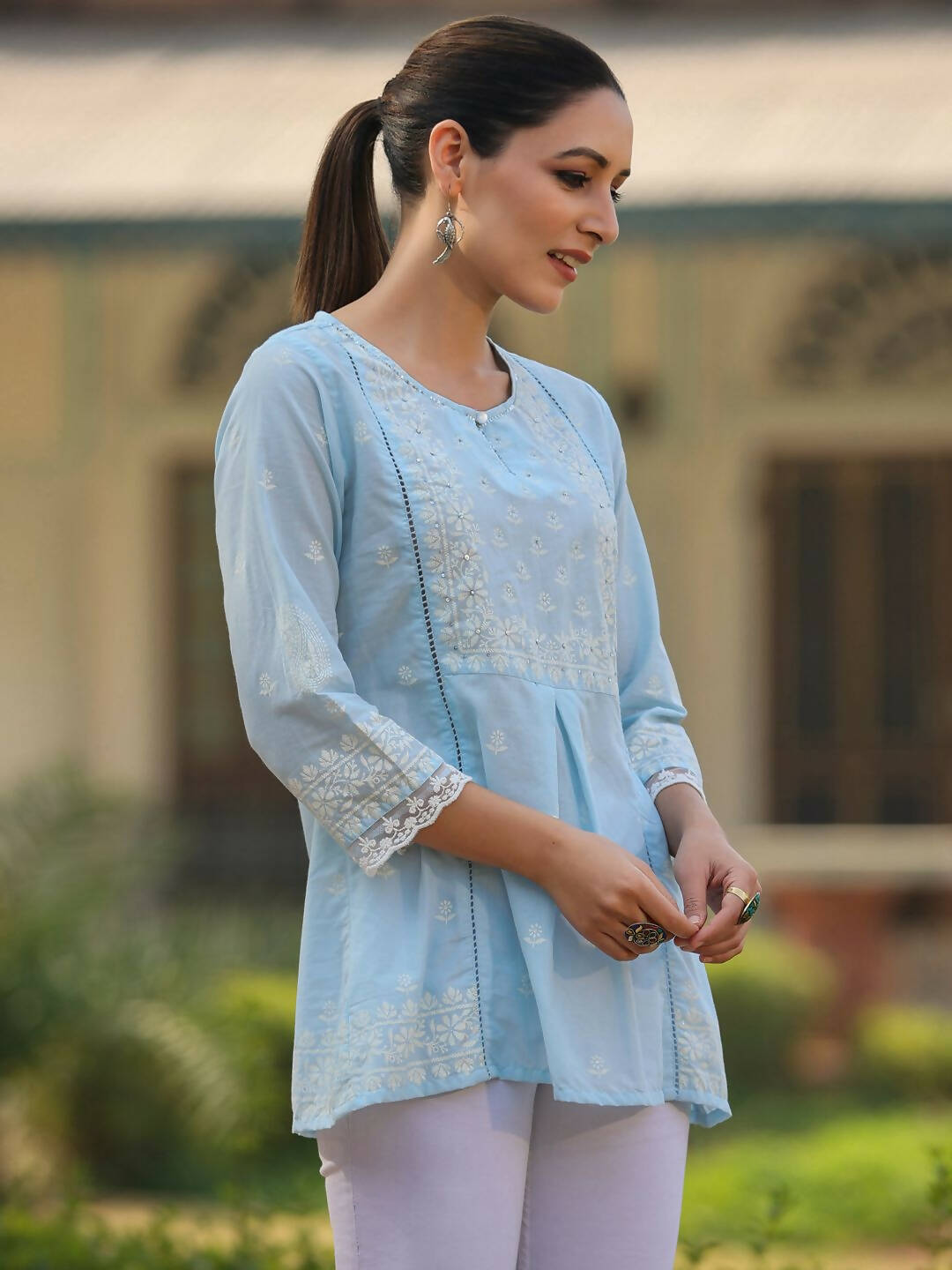 Juniper Women's Powderblue Cambric Floral Printed Tunic