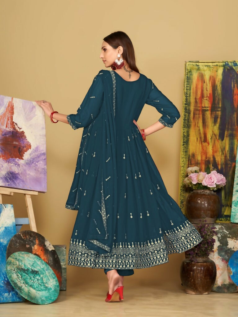 Jyoti Fashion Women's Rama Georgette Embroidered Anarkali Kurta Pant Set With Dupatta