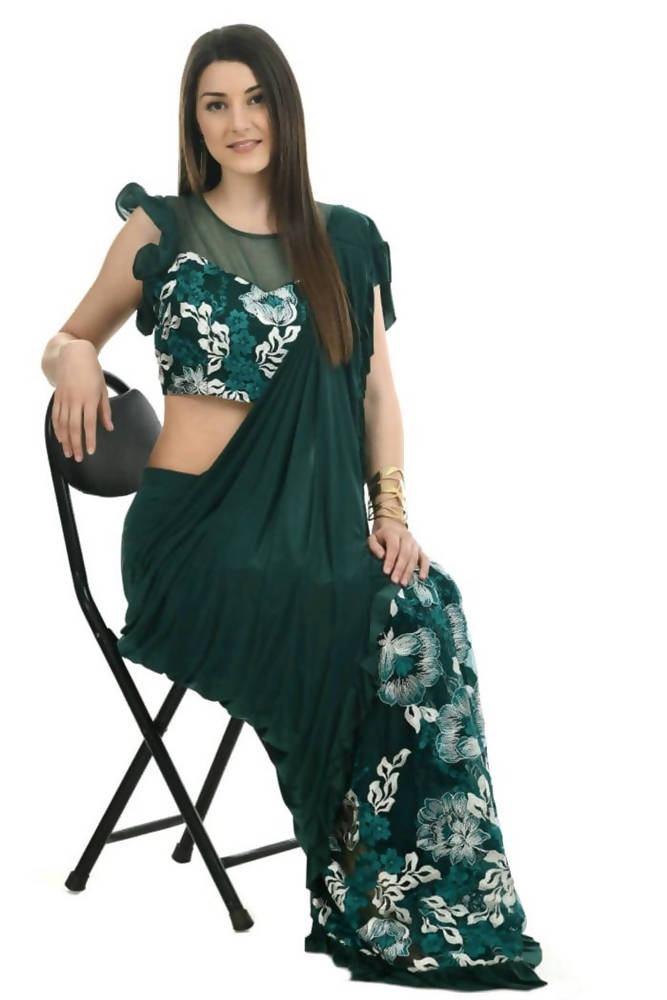 Mominos Fashion All Season Wear Bottle Green & White Thread Embroidered Ruffled Ready To Wear Saree