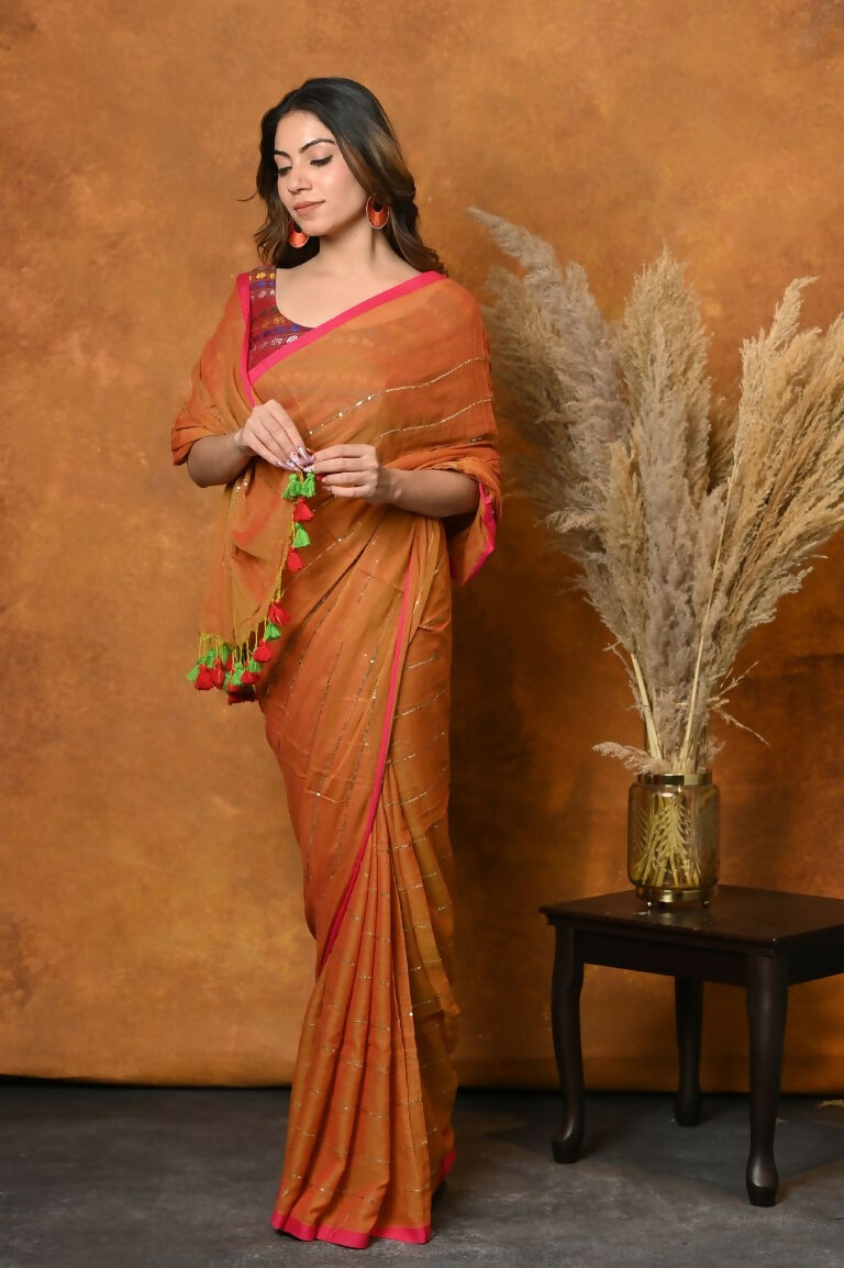 Very Much Indian Designer Mul Cotton Handloom Saree with Sequins - Orange