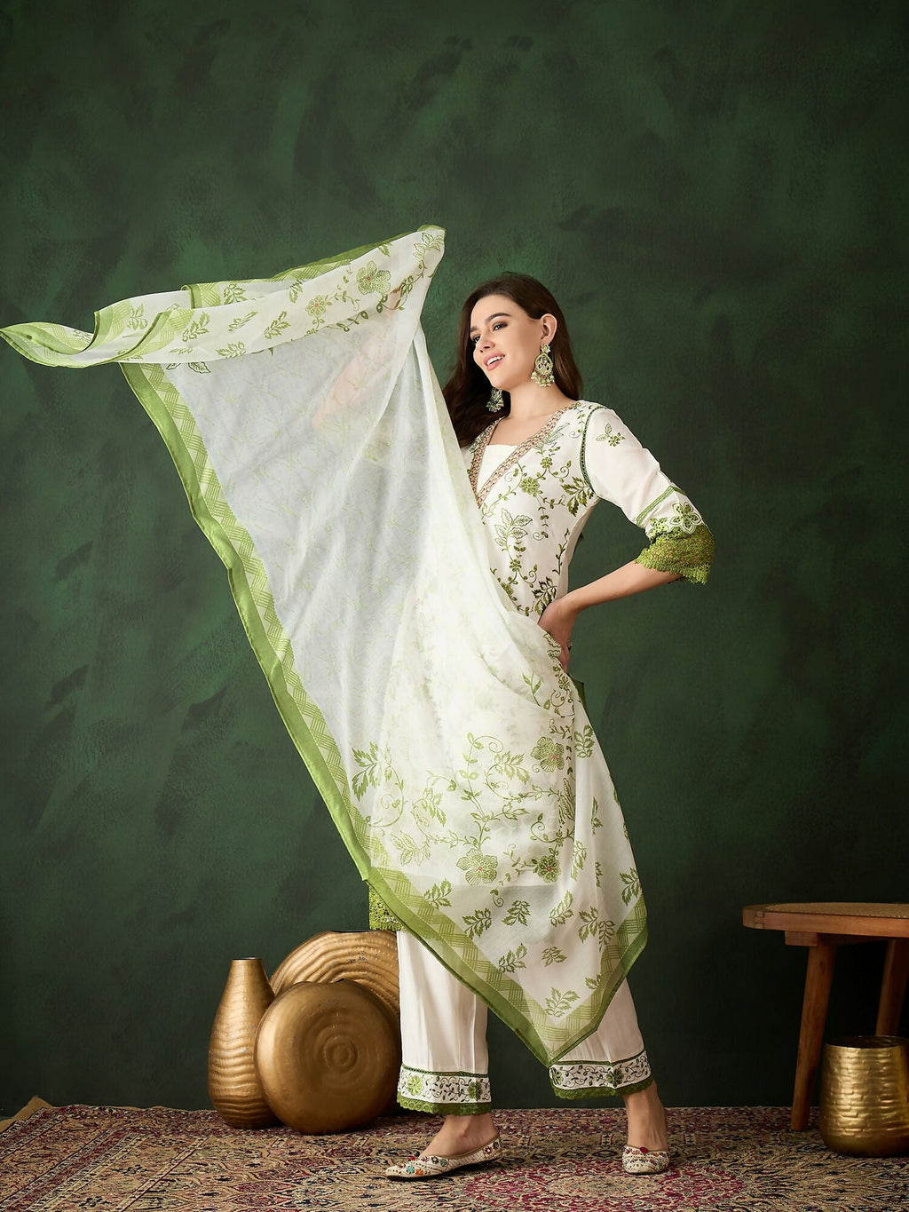 Green & White Roman Silk Embroidered Kurta With Trouser & Dupatta - Bhumi
