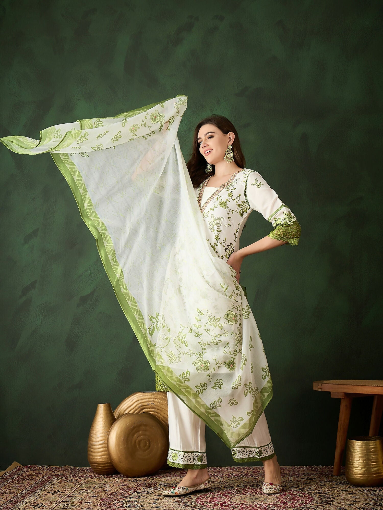 Green & White Roman Silk Embroidered Kurta With Trouser & Dupatta - Bhumi
