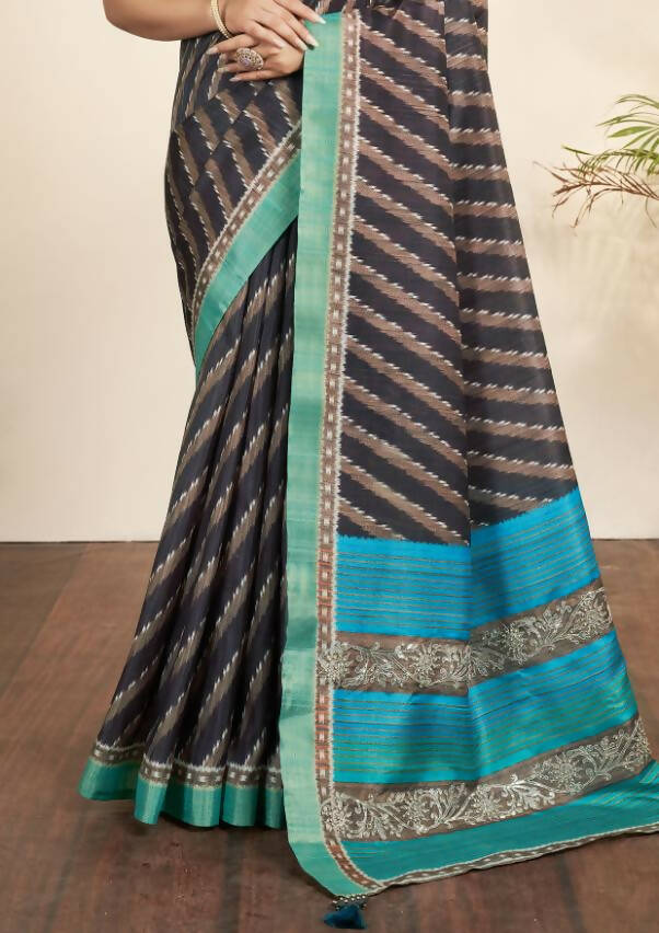 Navy Blue Bhagalpuri Silk Stripe printed with Stone Work & Hand Work Saree - Norita Nirvi