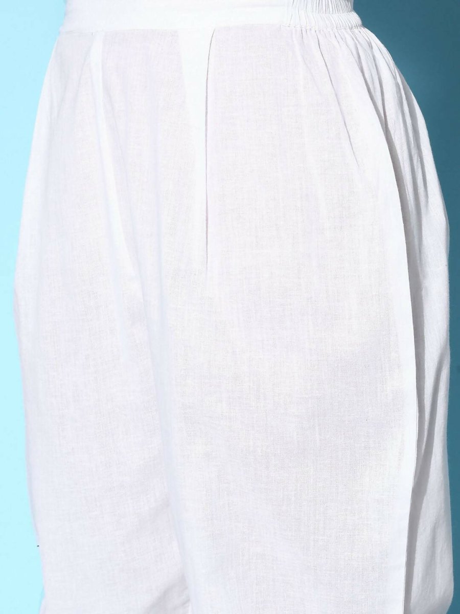 Ahalyaa Women's White Colour Pure Cotton Pigment Printed Kurta Pant Set With Dupatta