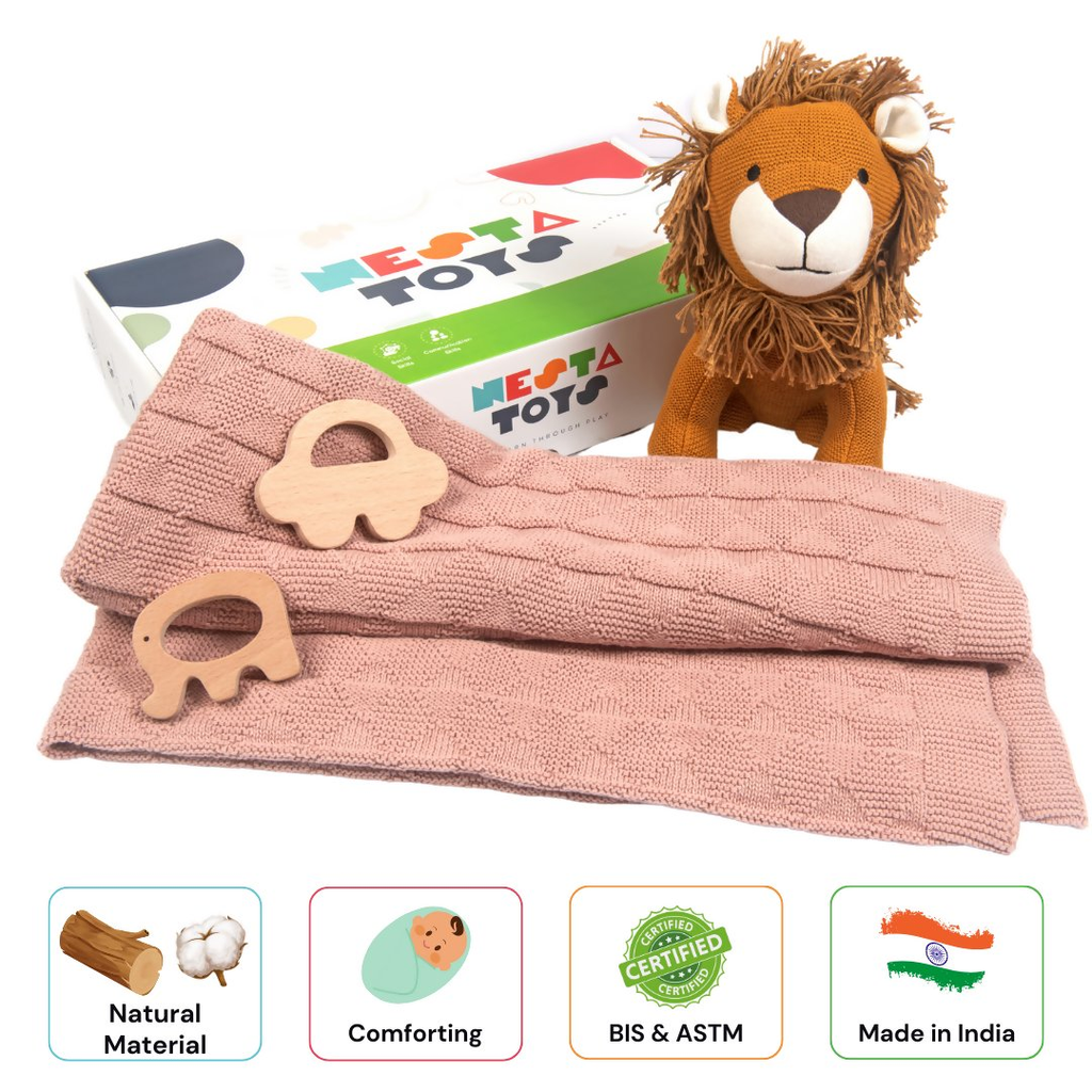 Nesta Toys Newborn Gift Set - Knitted Cotton Blanket, Lion Plush Toy, Elephant & Car Teether