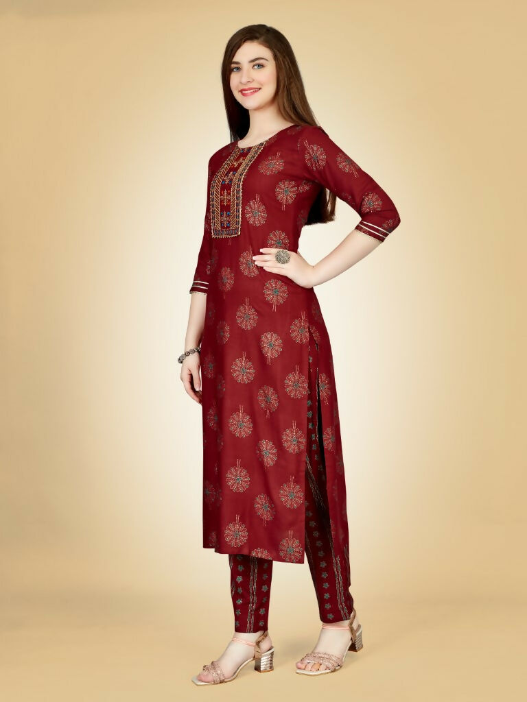 Jyoti Fashion Women's Maroon Viscose Rayon Embroidered Kurta Pant Set