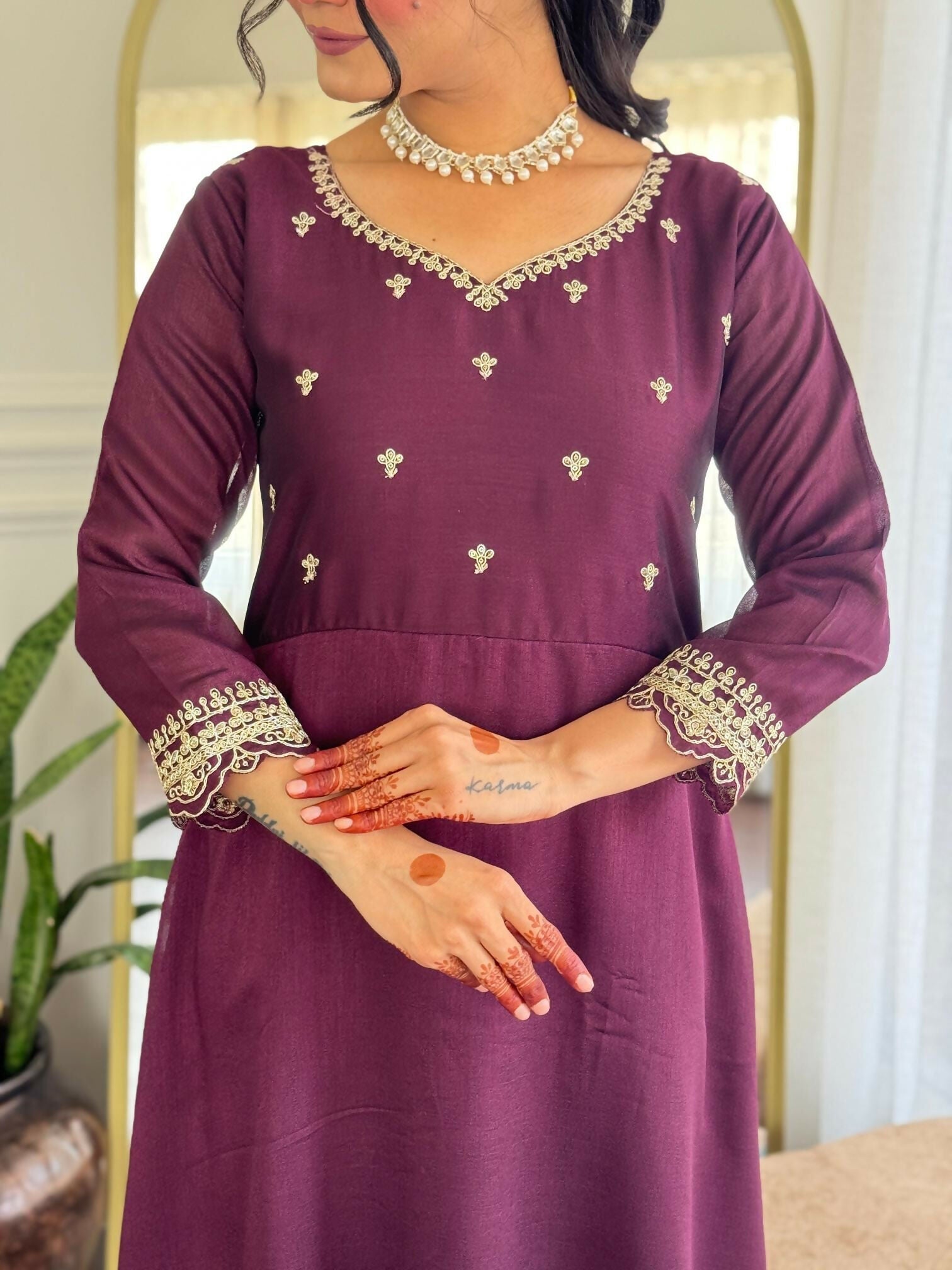 The52 Wine Women's Gorgeous Vichitra Silk Fabric Embroidered Work Flared Anarkali Pant and Dupatta Set