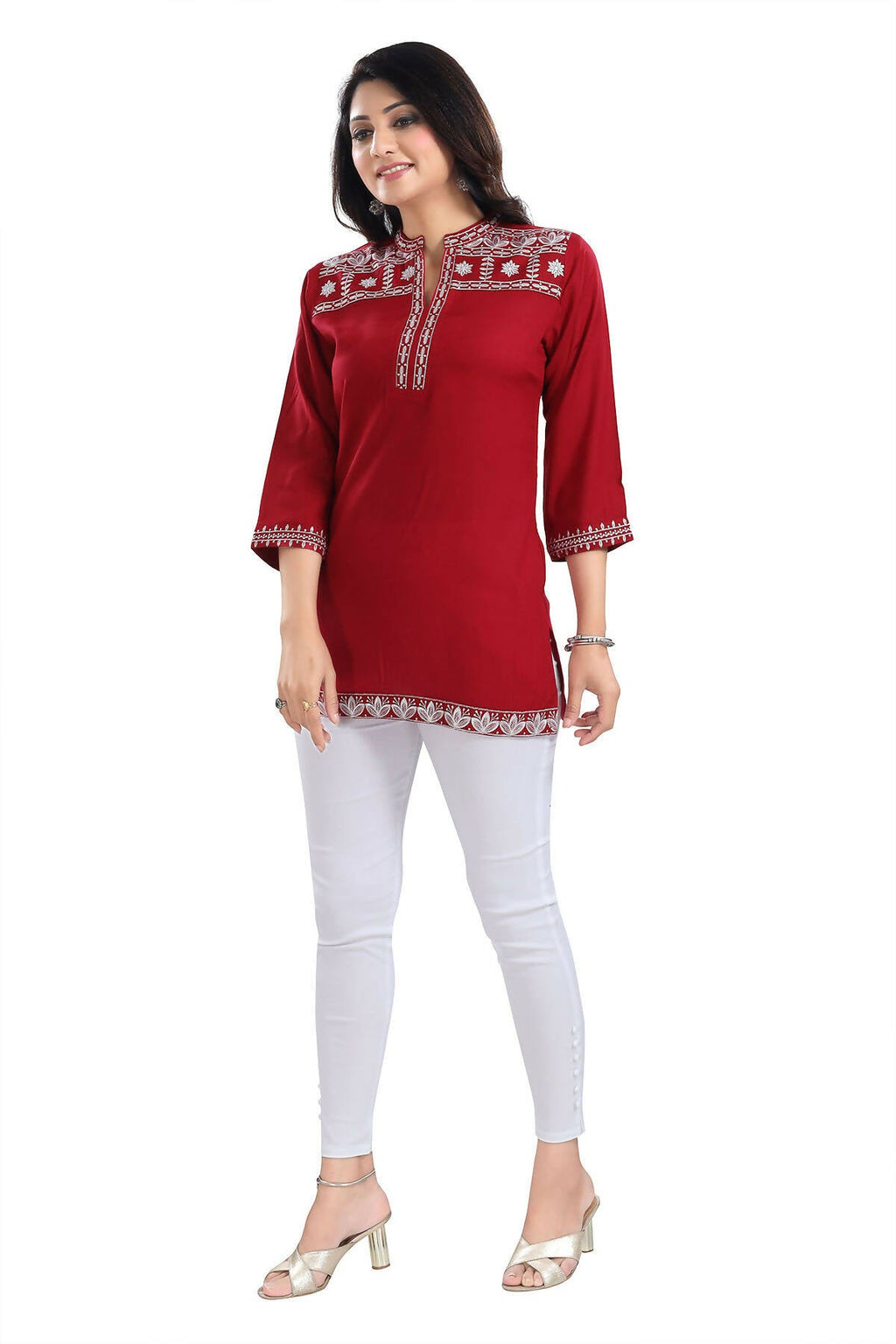 Snehal Creations Rosy Red Women Embroidered Boho Chic Tunic Top