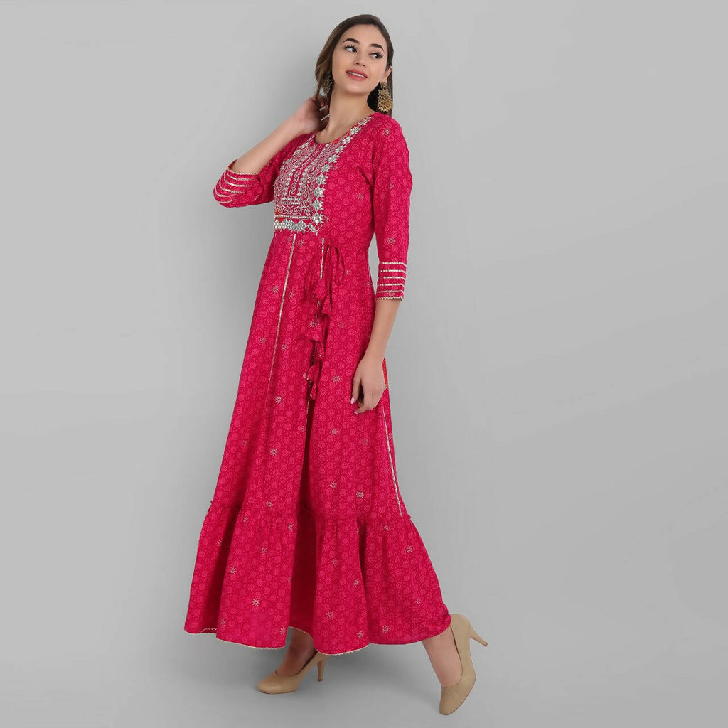 Juniper Fuchsia Rayon Festive Wear Embroidered Tiered Long Dress