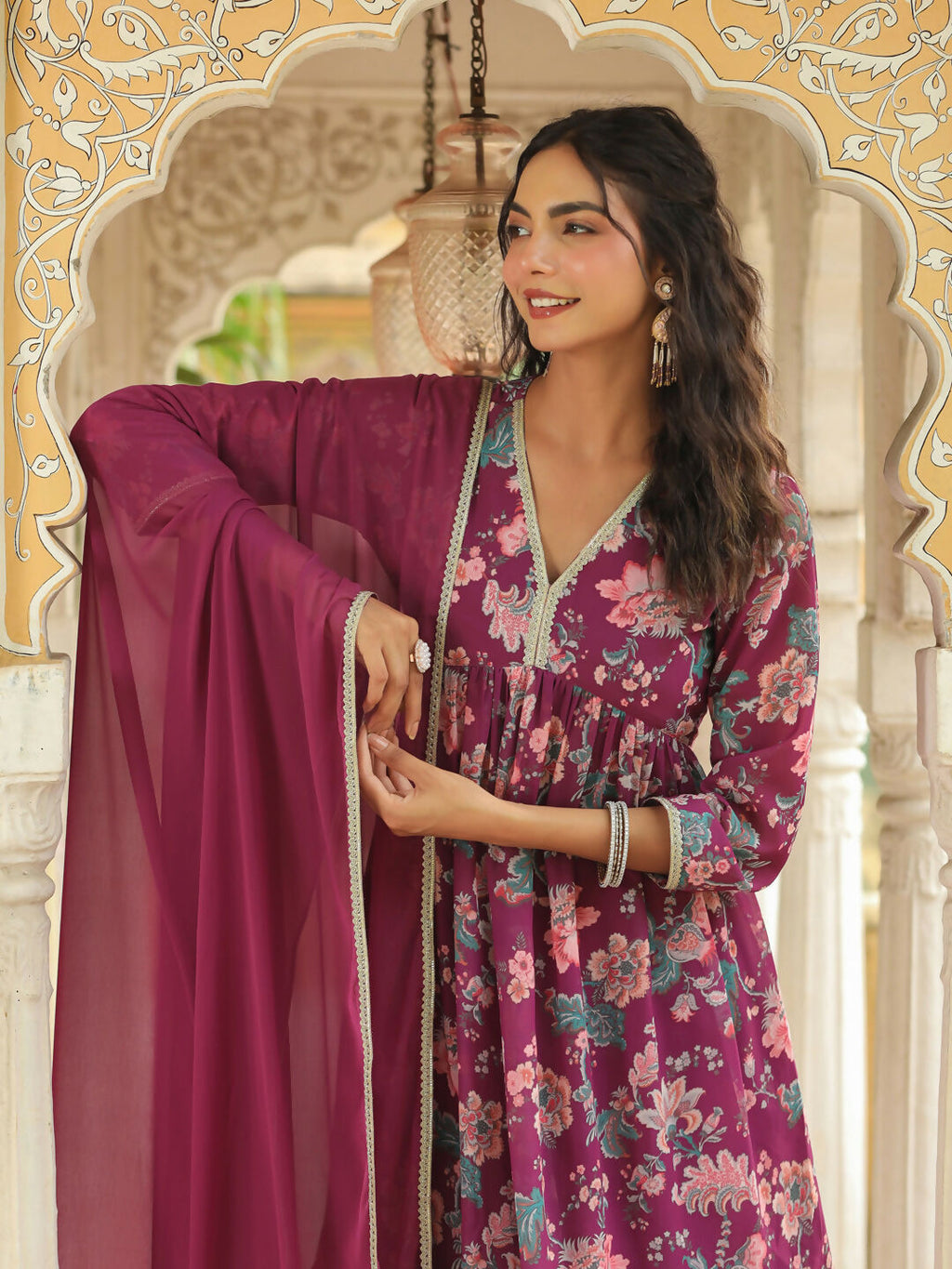 Janasya Purple Georgette Floral Kurta,Bottom & Dupatta