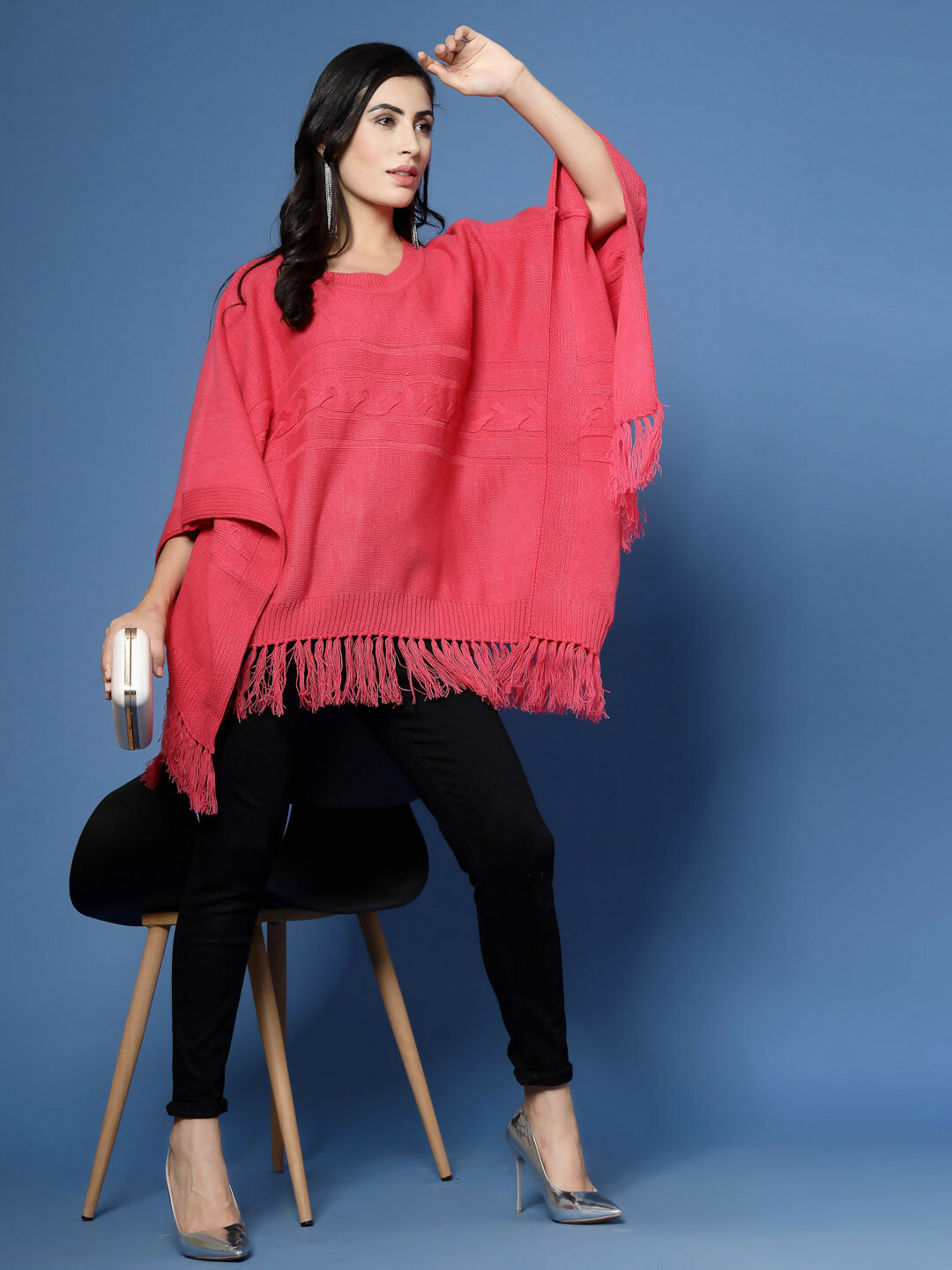 Women Fuchsia Acrylic Self Design Poncho - Wool Trees