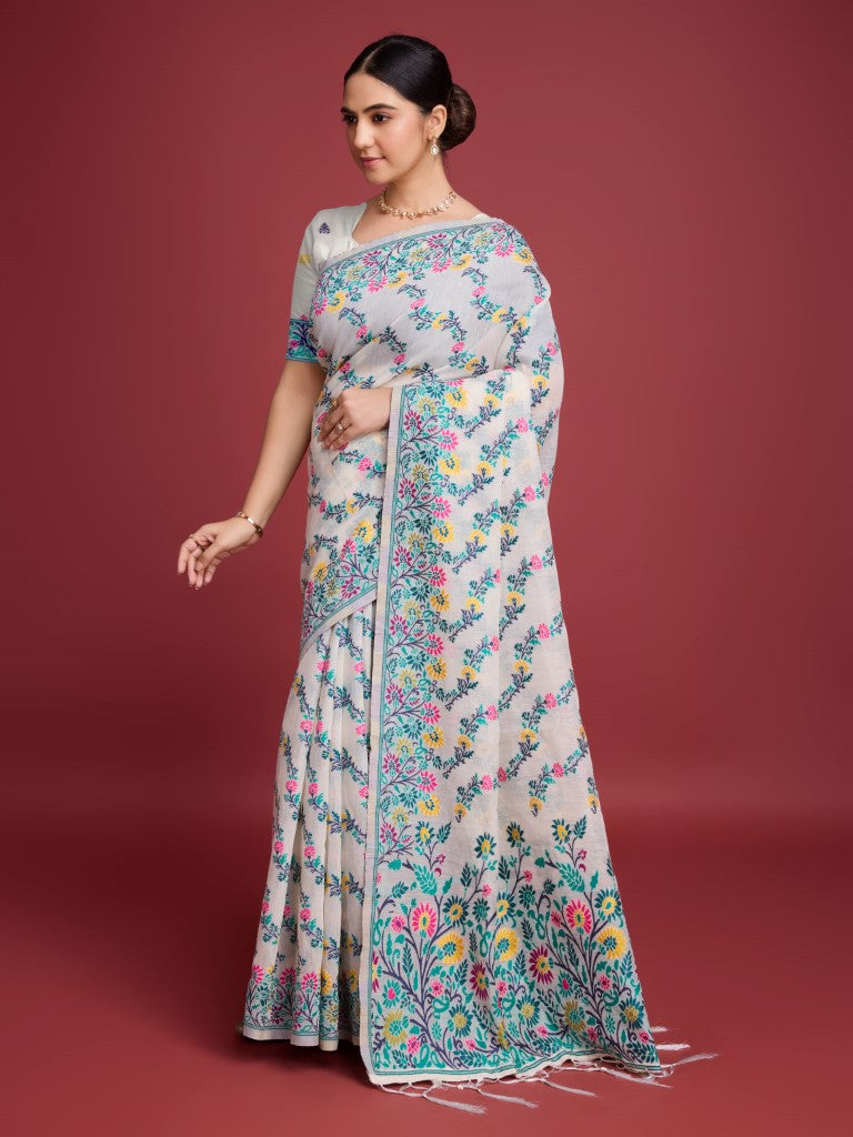 Vedant Vastram Dhakai Jamdani Cotton Saree - Green