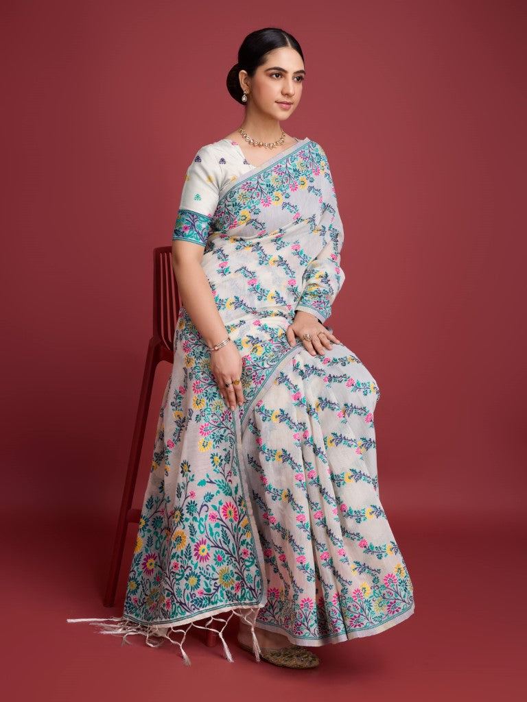 Vedant Vastram Dhakai Jamdani Cotton Saree - Green