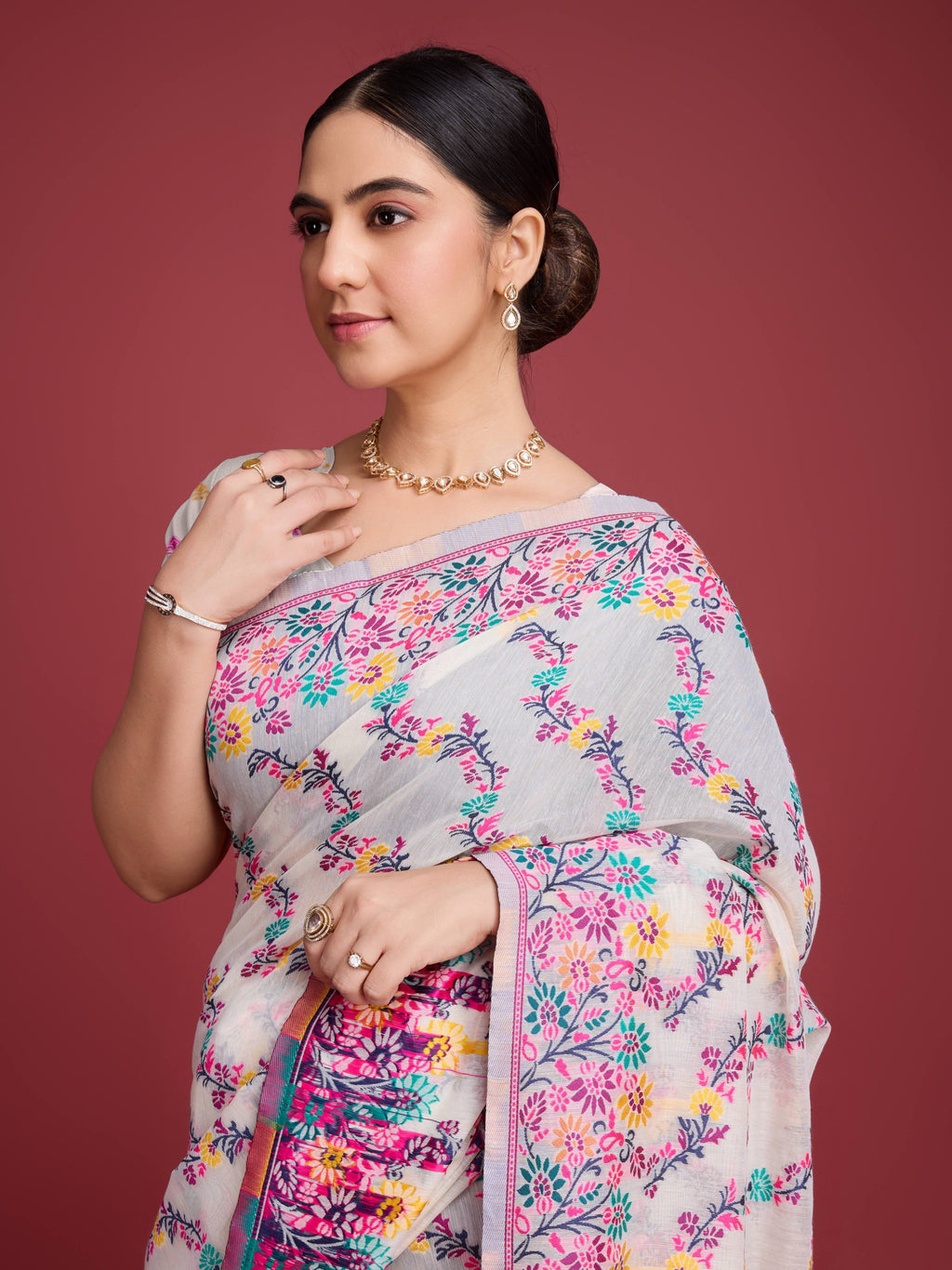 Vedant Vastram Dhakai Jamdani Cotton Saree - Pink