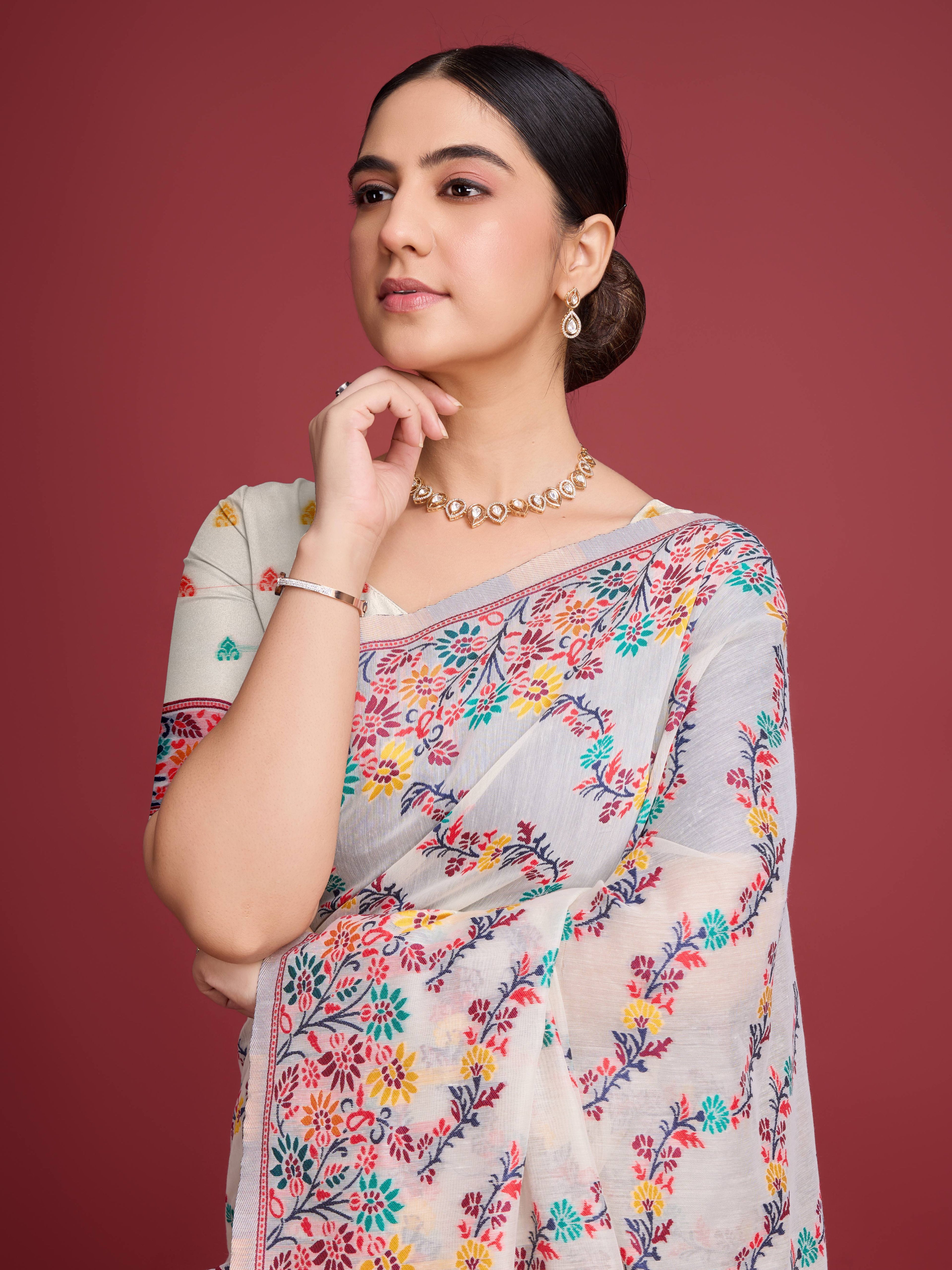 Vedant Vastram Dhakai Jamdani Cotton Saree - Red