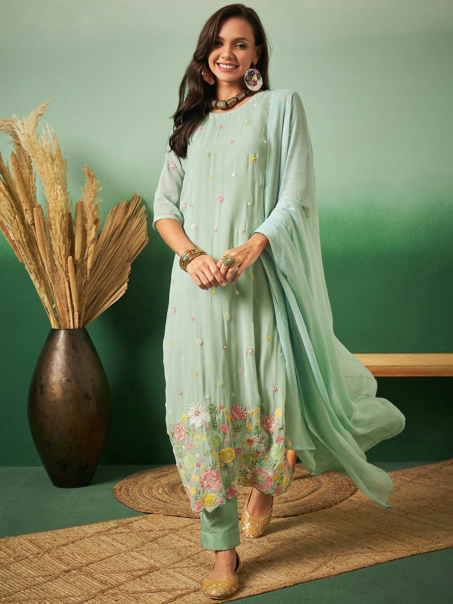 Aqua Blue Georgette Handwork Unstitched Dress Material - Hanika