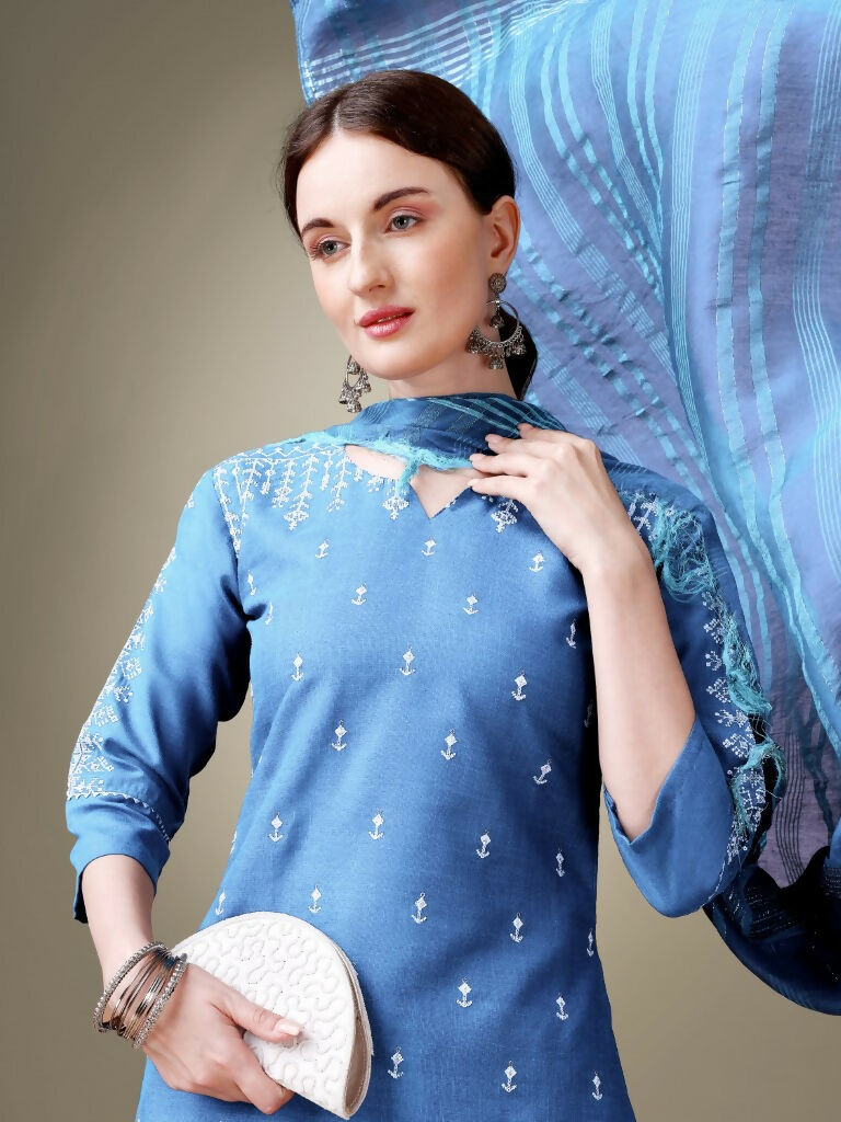 Jyoti Fashion Women's Sky Blue Cotton Blend Embroidery & Sequence work Kurta with Trouser & Dupatta