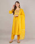 Jaitra Apparels Mustard Yellow Embroidered Pure Cotton Fabric Kurta Set With Dupatta