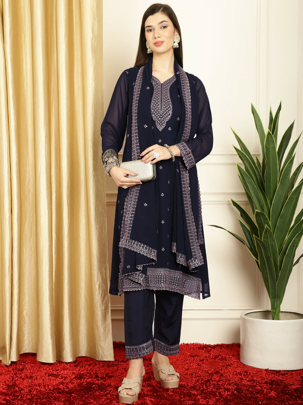 Jyoti Fashion Women's Navy Blue Georgette Resham Thread & Sequin Kurta with Trouser & Dupatta