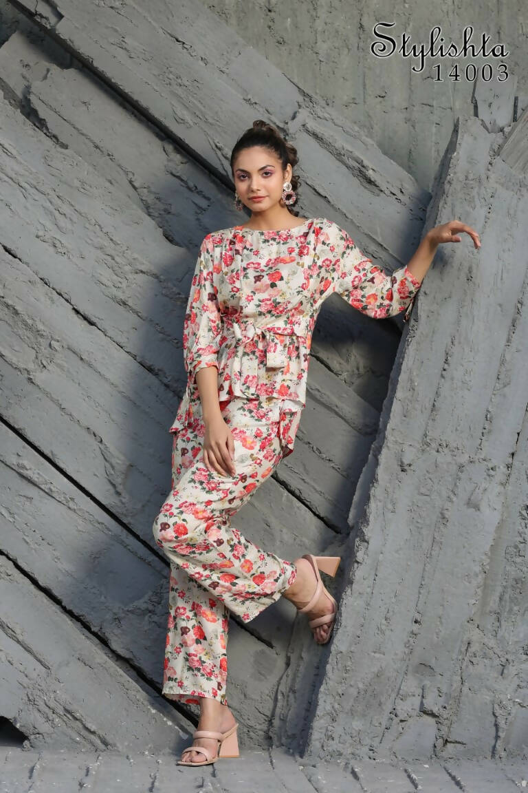 Women's Partywear Designer White & Multi Muslin co-ord set - Stylishta