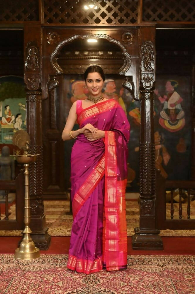 Very Much Indian Pure Silk Paithani With Most Magenta With Contrast Pink